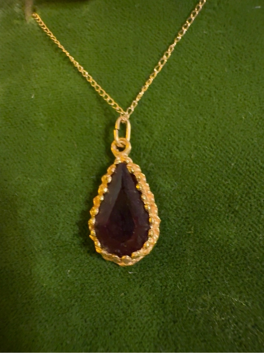 Gold-Tone Garnet Teardrop Pendant Necklace - likely 14k